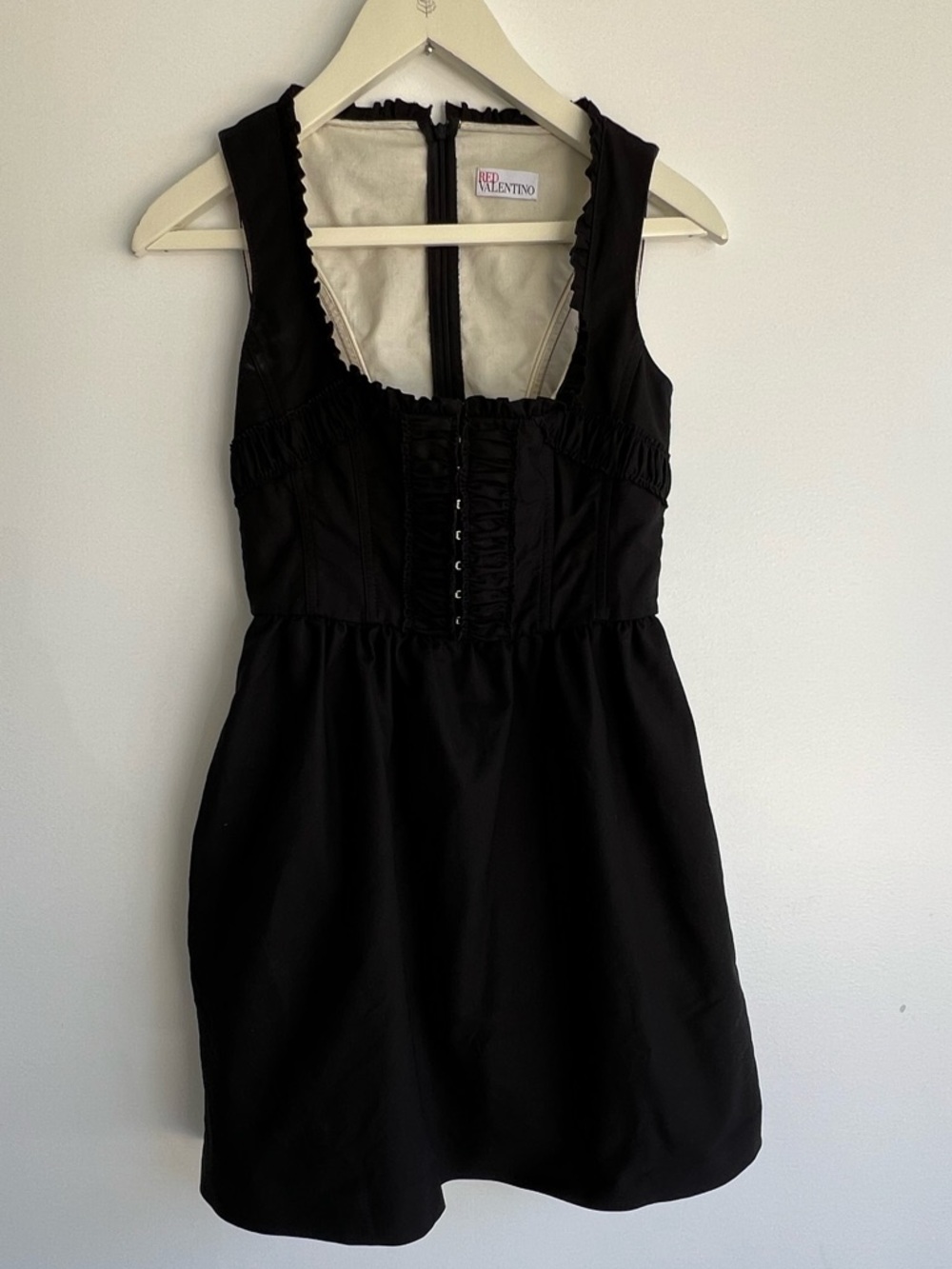 RED Valentino Black Corset Mini Dress Ruched Bust Designer Fit & Flare Pockets S - Picture 3 of 16